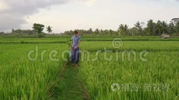 一个年轻人在一个美丽的稻田上进行瑜伽训练。 亚洲概念旅行