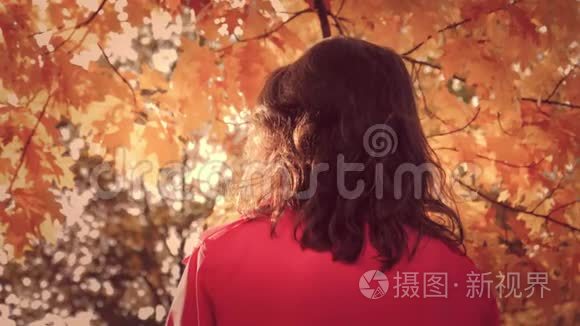 秋叶，秋时，欢快的年轻女子画像