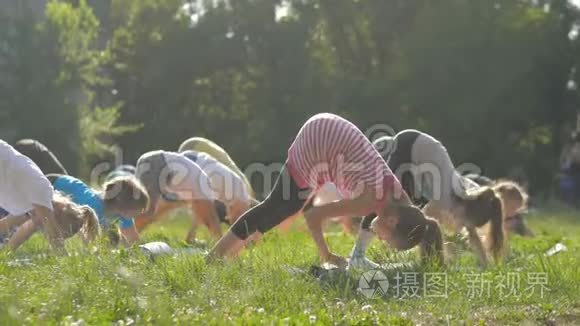 参加公园外瑜伽课的大人和小孩视频