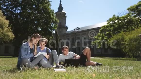 积极的大学生在校园草坪学习
