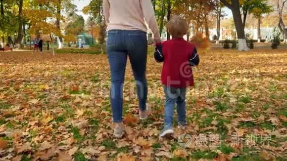 4k视频：带黄叶的幼儿男孩与年轻母亲在秋天公园散步