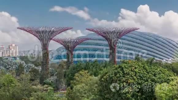 新加坡海湾花园的超级树林、云林和花穹的鸟瞰图。