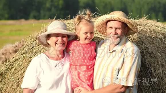 快乐的祖父母和小孙女在草地上视频