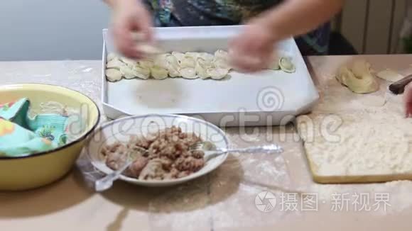 自制肉汤圆.. 包饺子。 饺子与碎肉雕刻在厨房做饭。 准备自制的饺子。 方案