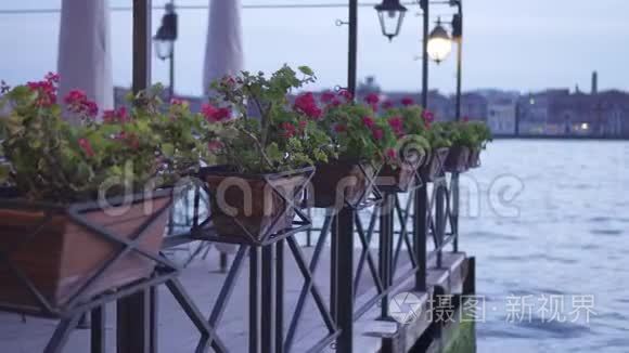 威尼斯水前酒吧放花的花瓶