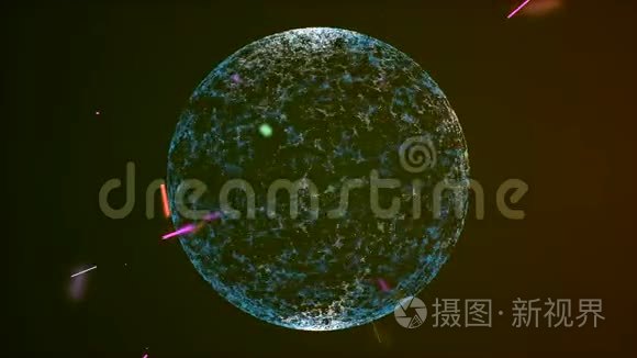 流星雨的抽象彩色粒子接近闪闪发光的视觉行星旋转在空间。