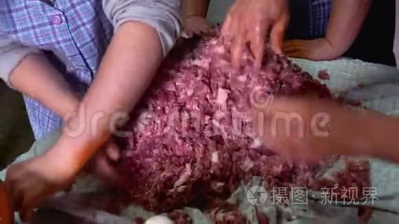 两个工人给猪肉调味做香肠视频