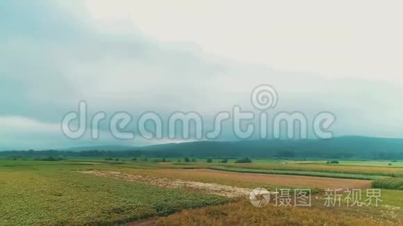 从快速轨道的无人机未来的天际线上俯瞰农业种植园和山景。