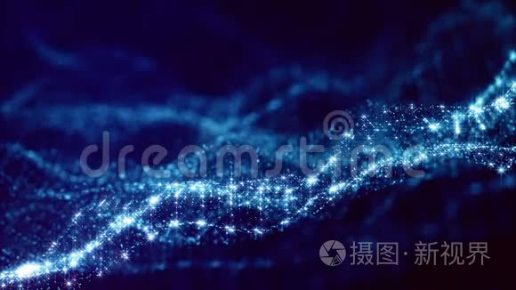 带有波状辉光粒子的蓝色动画抽象科幻背景，如微观世界、宇宙空间或数字大