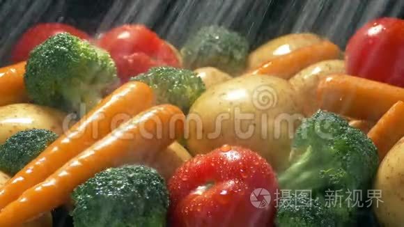 五颜六色的混合蔬菜在喷水中洗视频