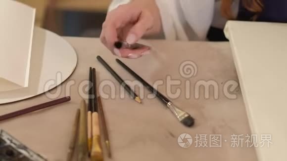 绘画爱好女画家手工选择毛笔视频