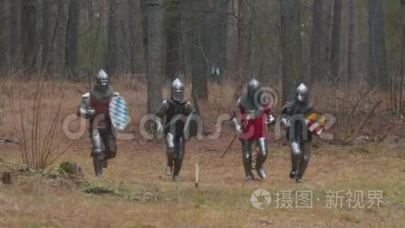 四个骑士全副武装在森林里奔跑视频