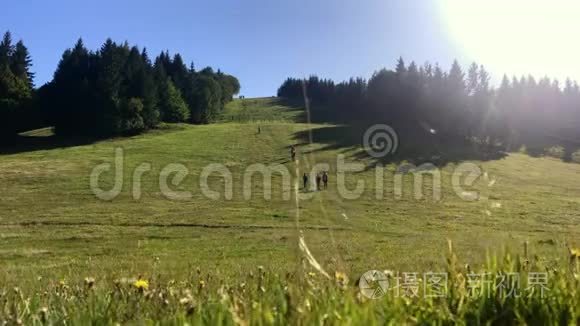 一群人徒步旅行。 徒步旅行者下山。 户外体育游憩活动..