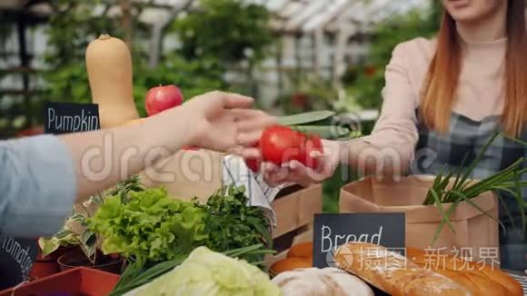 卖菜的女孩用纸袋包装新鲜蔬菜