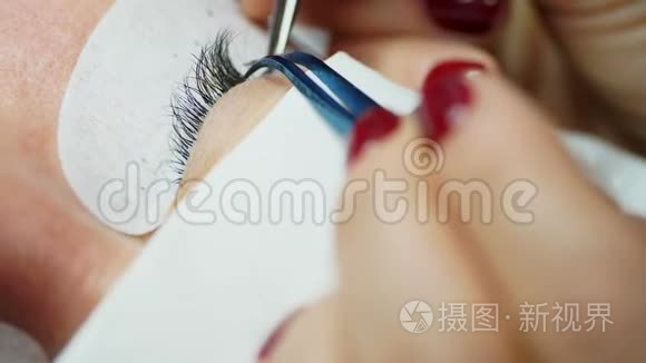 用镊子粘合人造睫毛。 化妆程序。 睫毛延伸。 女人的眼睛长着睫毛