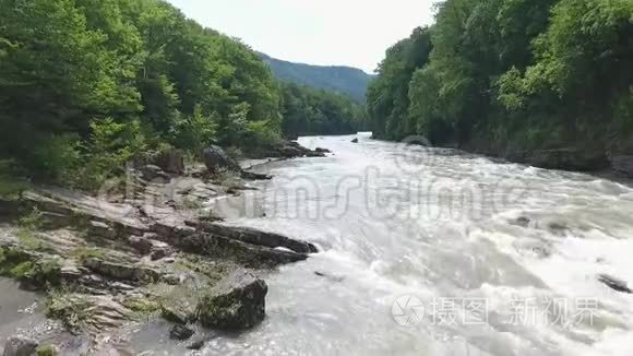 高加索山脉峡谷中的河流，在茂密的树木中