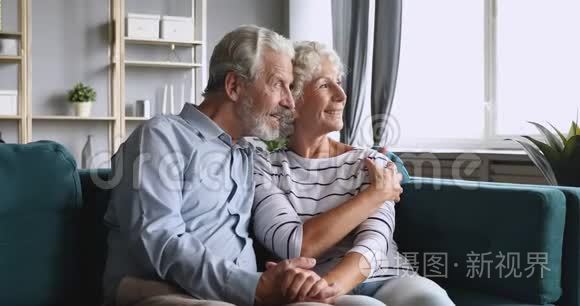 幸福的老年夫妇期待着未来在沙发上轻松交谈