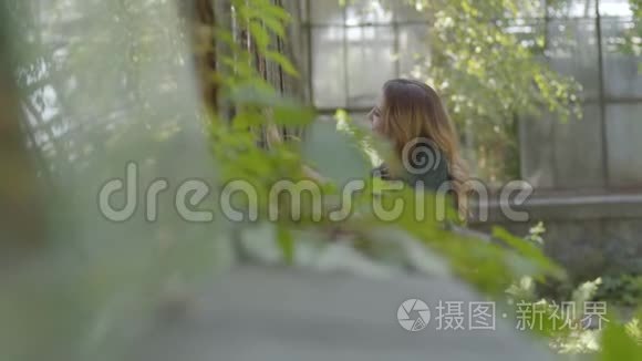 美丽幸福的年轻女子站在花园里，透过老房子的窗户看着。 概念