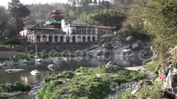 鸟儿飞过污染的河流，背景是印度教寺庙