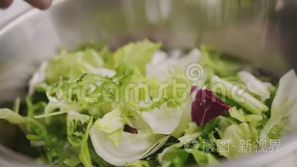 厨师洗鲜生菜沙拉混合视频