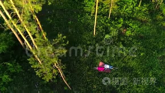 一对夫妇躺在麦田里的鸟瞰图视频