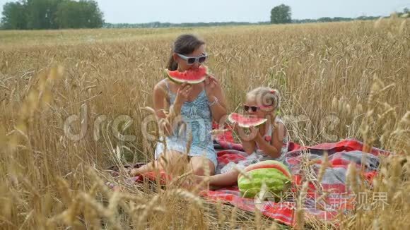 女人和女儿在野外野餐视频