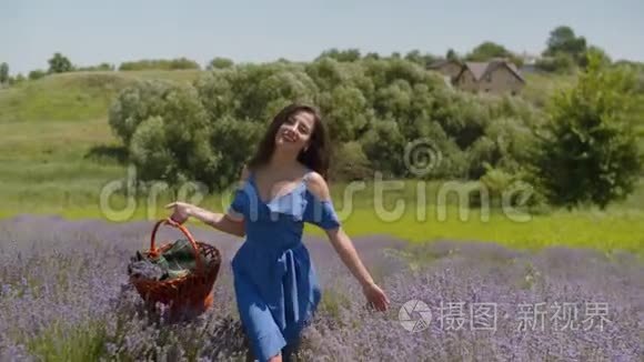 带着篮子走在花丛中的迷人女人视频
