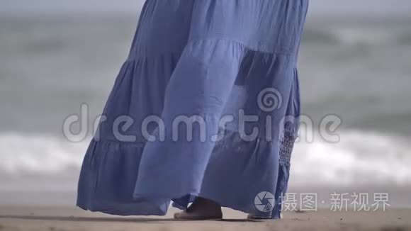 女人裙在海岸的风中发展视频