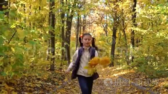 可爱的小女孩看着相机，在秋天的森林里朝移动相机跑去
