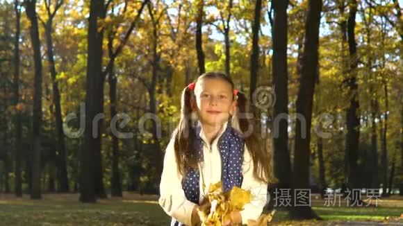 快乐的小女孩看着相机，在阳光明媚的秋天公园里扔黄叶