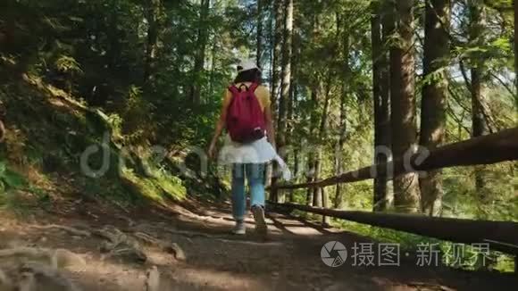 女孩在山林中漫步视频