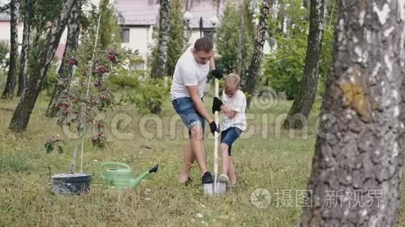 父子俩一起在土地上挖了一个洞视频