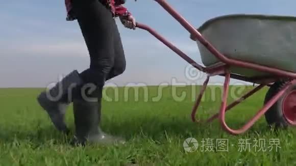 农民女孩红脖子生活方式工作在田间与花园手推车在橡胶靴。 农民生态农业