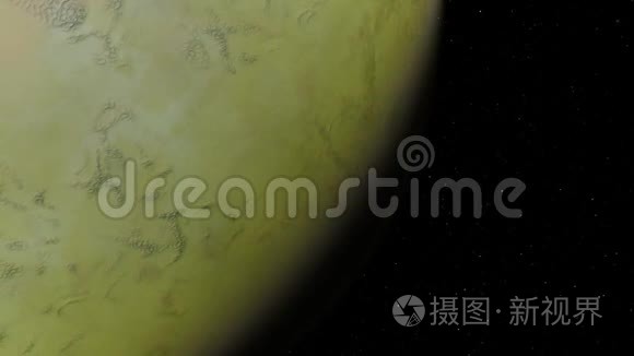 4K系外行星三维插图，浅绿色黄色多云行星从轨道。 酸性有毒沙漠元素