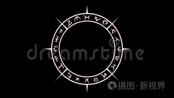 白色神秘的圆圈与神秘的符号闪烁和扭曲的红色发光在无缝的循环短视频
