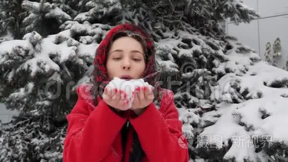 这段视频是关于美丽的年轻白种人，穿着红色外套，在冬天的户外对着镜头吹雪