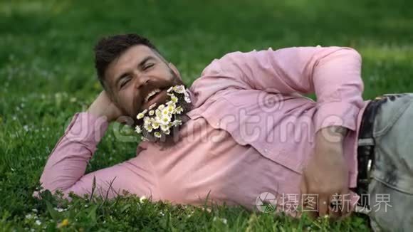 长胡子的人，胡子里长着菊花，躺在草地上，靠在手上，草地背景。 一个脸上留着胡子的男人