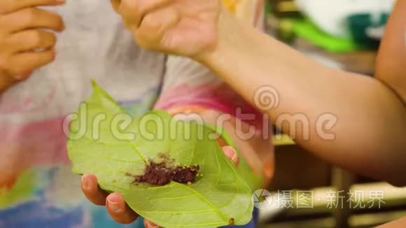 品尝新鲜可可糊细丸的女游客视频