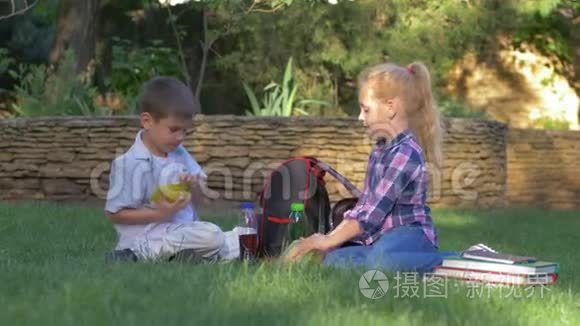 午餐时间，饥饿的孩子们很快地从食物容器里拿出三明治，坐在草坪上吃东西