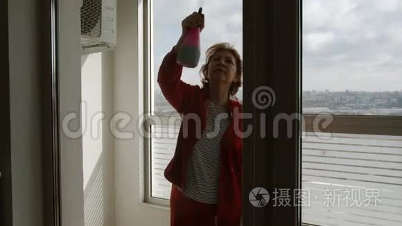 成熟的女人在室内的大窗户上喷洒窗户清洁剂-侧视