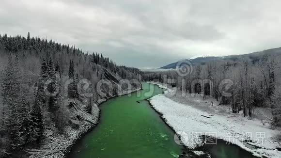 无人机照相机沿着翠绿色的河流在白雪皑皑的海岸和茂密的松林之间移动