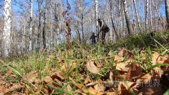 父亲和女儿在秋天的森林里散步视频