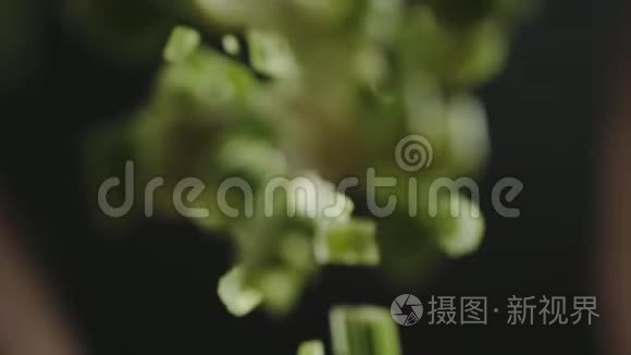 新鲜的青瓷碎片落在黑色的表面视频