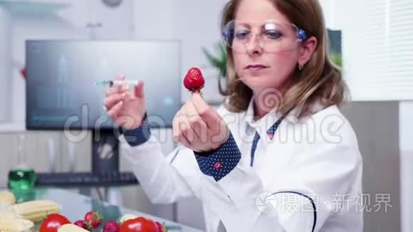 放大科学家在草莓中注射转基因样品的特写镜头