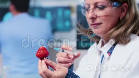 女性研究人员将转基因生物注射到草莓中的特写镜头