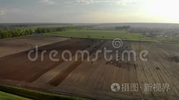 空中用蓝天棕色农田拖拉机耕作土壤拍摄的壮丽大自然