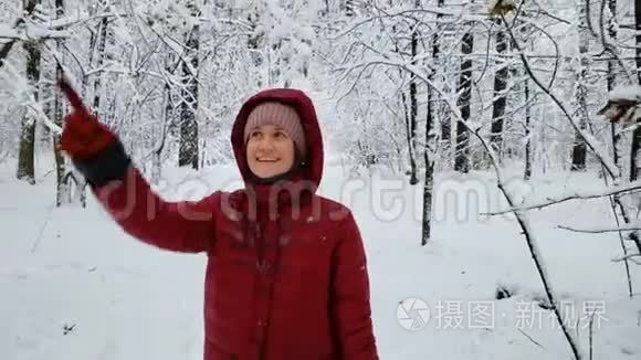 积极的女人在白雪覆盖的冬林中散步，触摸树枝