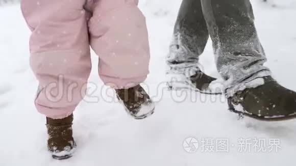 穿暖和连衣裙的婴儿脚做第一步。 孩子学会走路。 友好的全家人在冬季森林散步