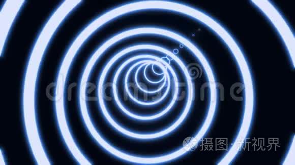 由彩色蓝绿色霓虹灯线组成的抽象圆形隧道。 黑色背景未来主义霓虹灯隧道。 3d