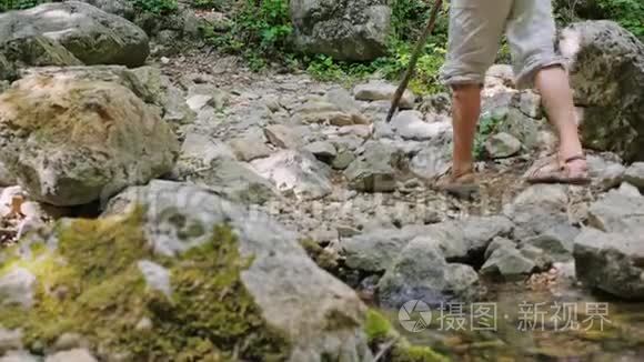 年轻的女性旅行者沿着峡谷底部沿着绿色森林和清澈的山河行走。